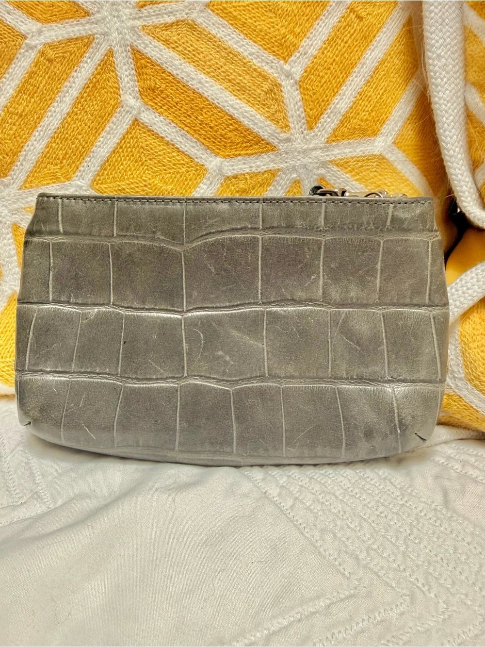 Coach Gray Croc-Embossed Leather Wristlet Pouch